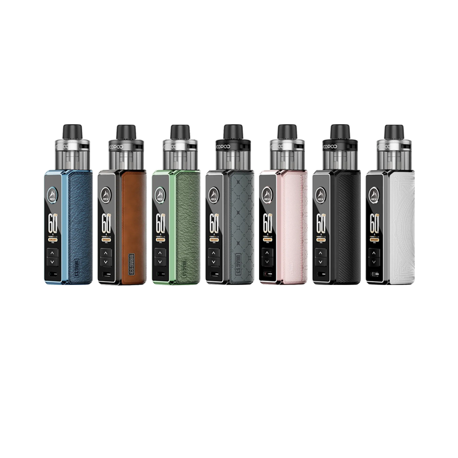 All colors of the Voopoo Drag S3 Pod Kit with 5ml PnP X Pod, arranged left to right: Blue, Brown, Green, Metal Gray, Pink, Spray Black, White