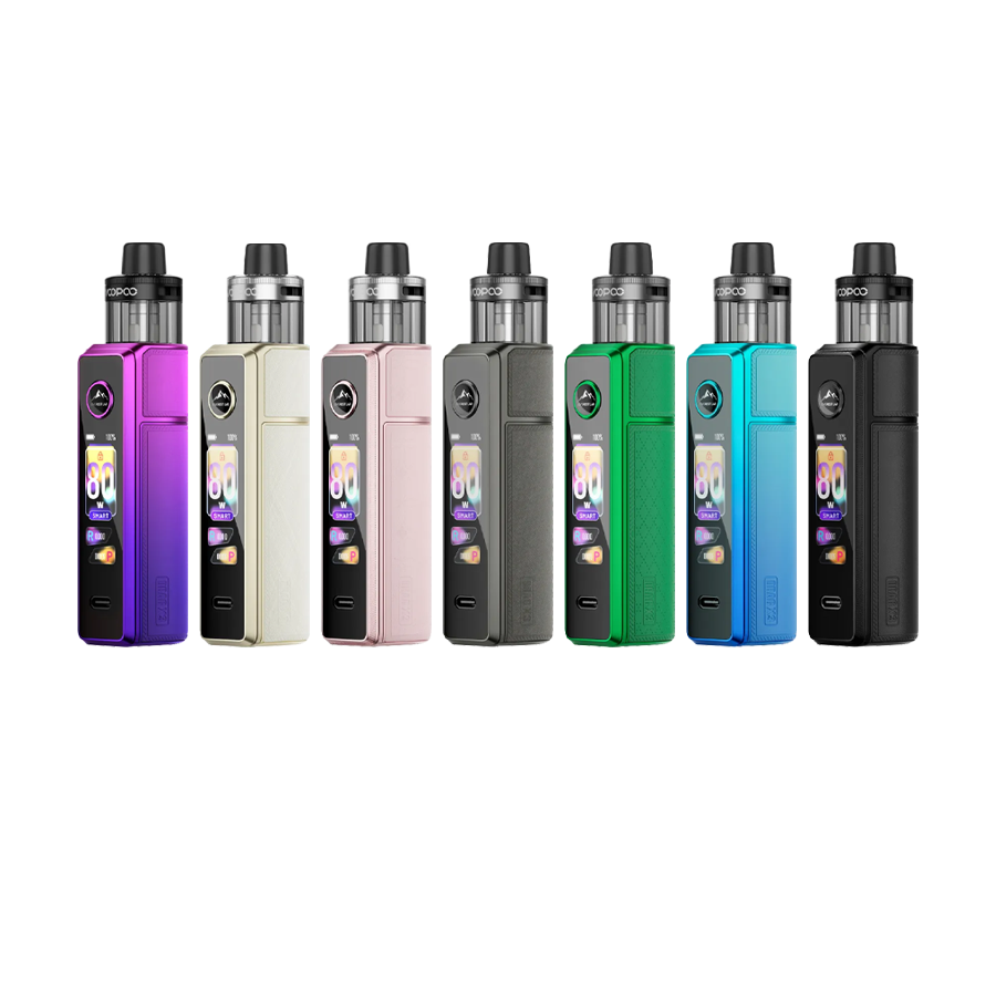All colors of the Voopoo Drag X3 Pod Kit with 5ml PnP X Pod, arranged left to right: Aurora Purple, Champagne Golden, Glow Pink, Gray Metal, Moss Green, Sky Blue, Spray Black